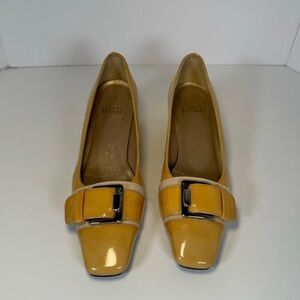 Vintage Stuart Weitzman patent leather buckle yellow block heel shoes Women 6.5N